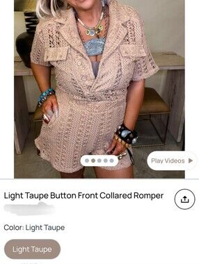 Light Taupe Collared Button-Front Crochet Romper